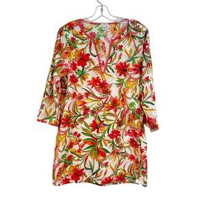 J. Crew Factory Floral Tunic Beach Coverup Women's‎ Medium Fuchsia Cream Preppy